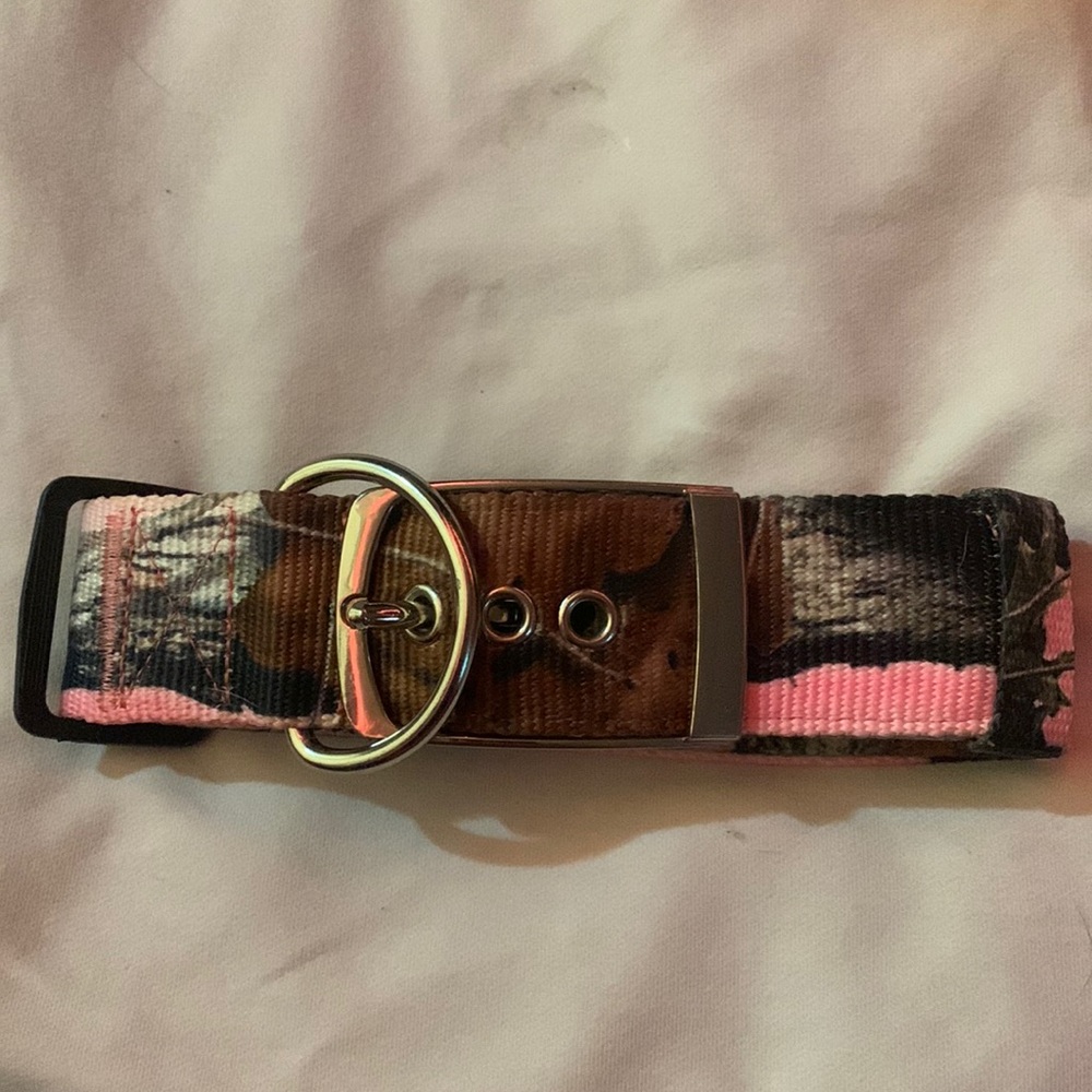 Wide Buckle Pink Camo Dog Collar.